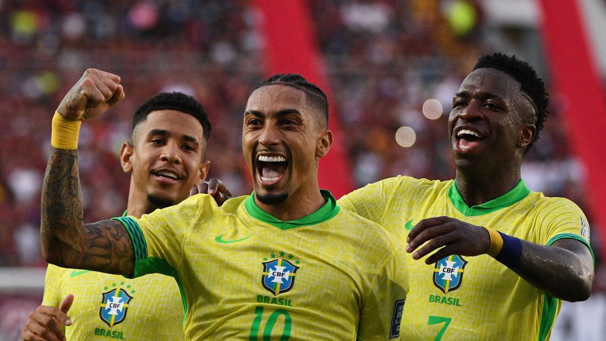 Brazil&#039;s forward #10 Raphinha celebrates with teammates forward #20 Savinho and forward #07 Vinicius Jr after scoring during the 2026 FIFA World Cup South American qualifiers going into the Brazil vs Uruguay live stream