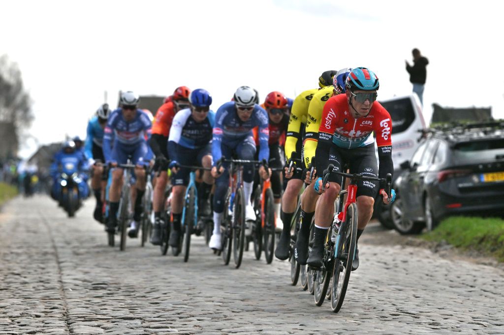 NINOVE BELGIUM FEBRUARY 24 Jasper De Buyst of Belgium and Team Lotto Dstny competes during the 79th Omloop Het Nieuwsblad 2024 Mens Elite a 2022km one day race from Ghent to Ninove UCIWT on February 24 2024 in Ninove Belgium Photo by Luc ClaessenGetty Images