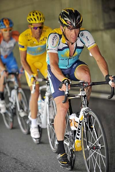 Lance Armstrong (Astana) leads teammate Alberto Contador.