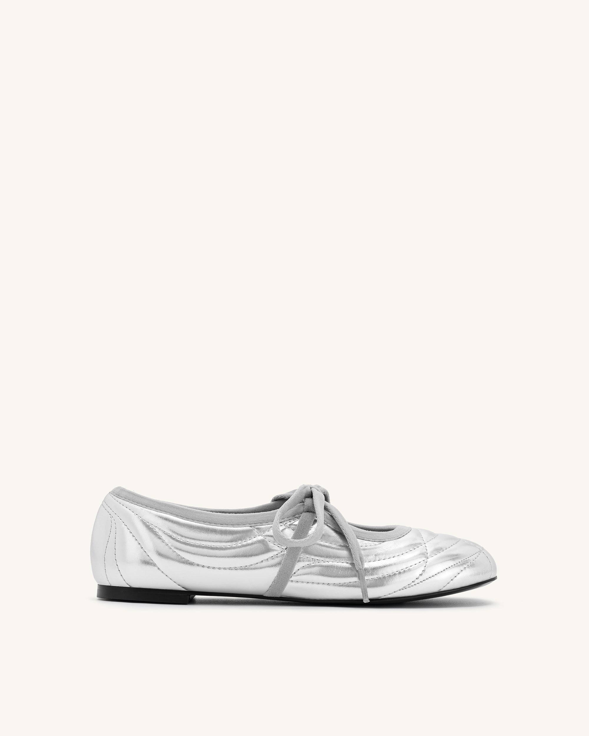 Erika Topstitching Lace-Up Ballet Flats- Silver