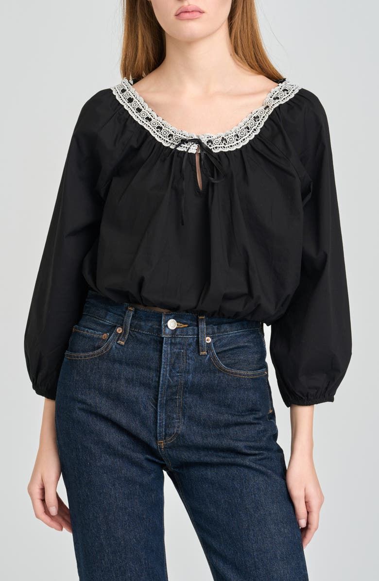 Mia Boho Lace Trim Gathered Stretch Cotton Top