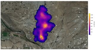 A methane plume 2 miles (3.2 kilometers) agelong  that NASA’s Earth Surface Mineral Dust Source Investigation ngo  detected southeast of Carlsbad, New Mexico. 