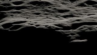 A data visualization showing the mountainous area west of Nobile Crater and the smaller craters that litter its rim at the moon’s south pole. The Nobile region — the landing site for NASA’s ice-hunting VIPER rover — features areas permanently covered in shadow as well as areas that are bathed in sunlight most of the time. 