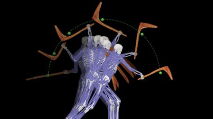 an illustration of a time lapse of a skeleton swinging an axe-like weapon