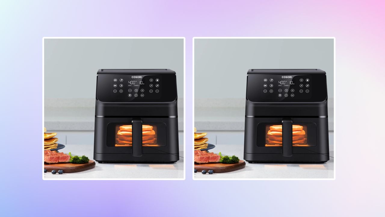 Cosori Premium II Plus Air Fryer lifestyle image on purple gradient background