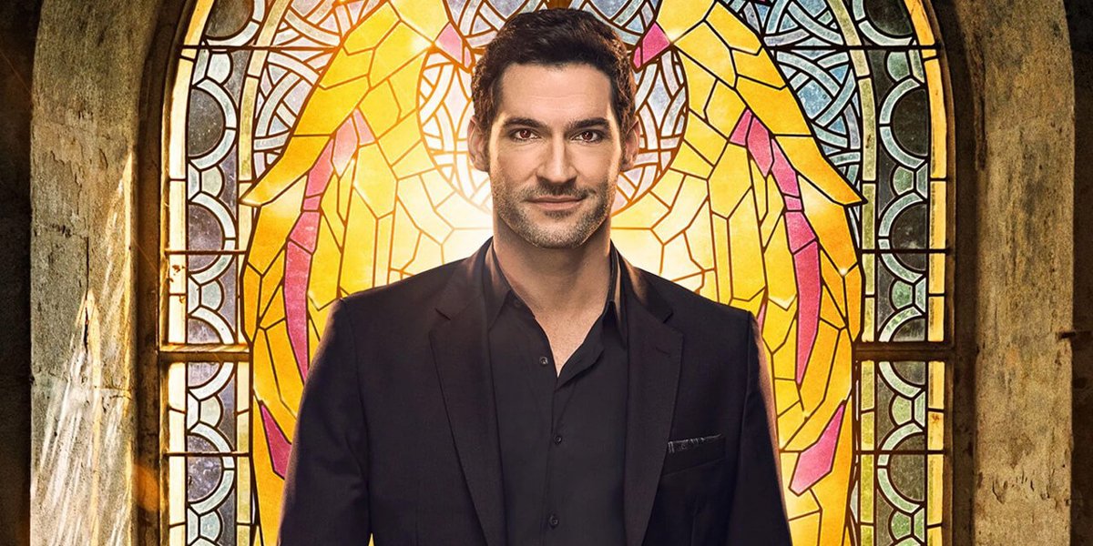 Lucifer poster Tom Ellis stands in front of stained glass window