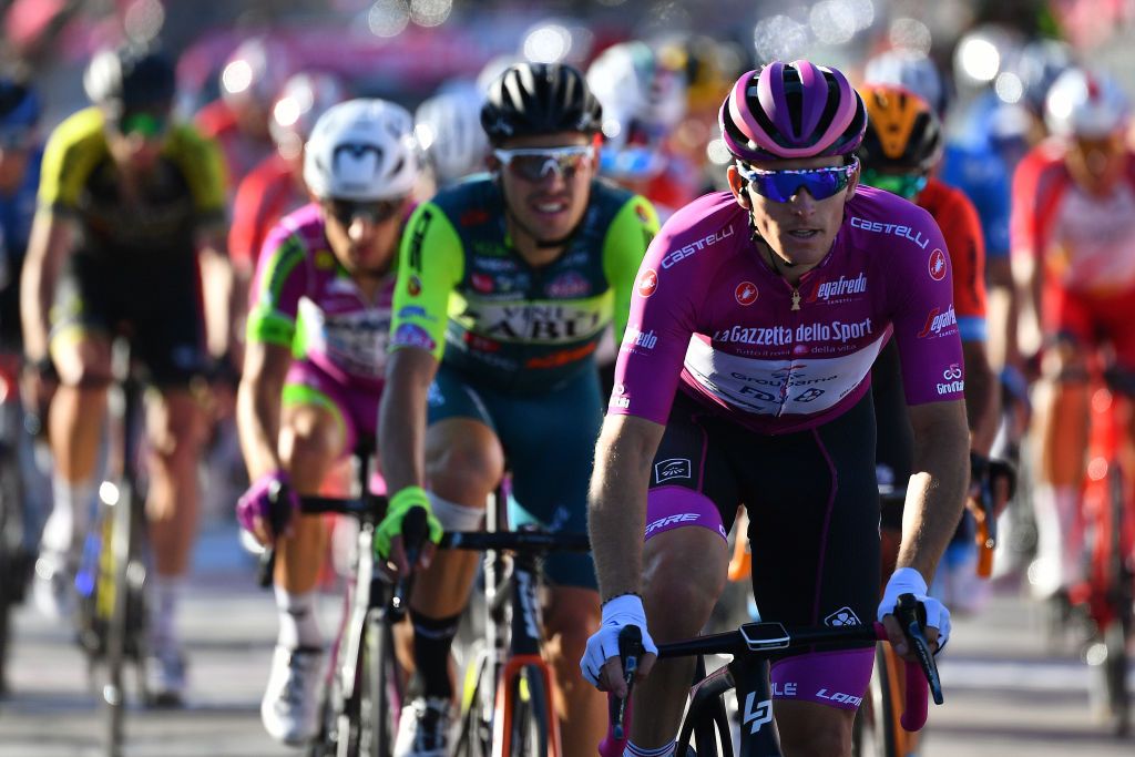 VIESTE ITALY OCTOBER 10 Arrival Arnaud Demare of France and Groupama FDJ Purple Points Jersey during the 103rd Giro dItalia 2020 Stage Eight a 200km stage from Giovinazzo to ViesteGargano girodiitalia Giro on October 10 2020 in Vieste Italy Photo by Stuart FranklinGetty Images