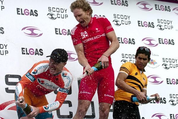 Stage one celebrations (l-r): Joel Pearson (2nd,Genesys Wealth Advisers), Stuart Shaw (1st,Drapac Porsche), and Harrif Saleh (3rd,Malaysian National Team).