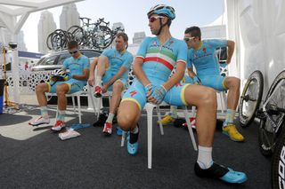 The Astana team relax before the start
