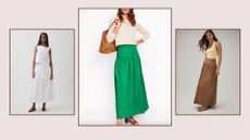 three models wearing dropped waist skirts