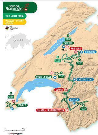 Map of 2024 Tour de Romandie, with 657 total kilometres over six days