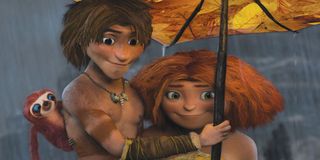 Guy (Ryan Reynolds) and Eep (Emma Stone) in The Croods (2013)