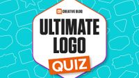 Ultimate logo quiz text with shapes surrounding it on a turquoise background