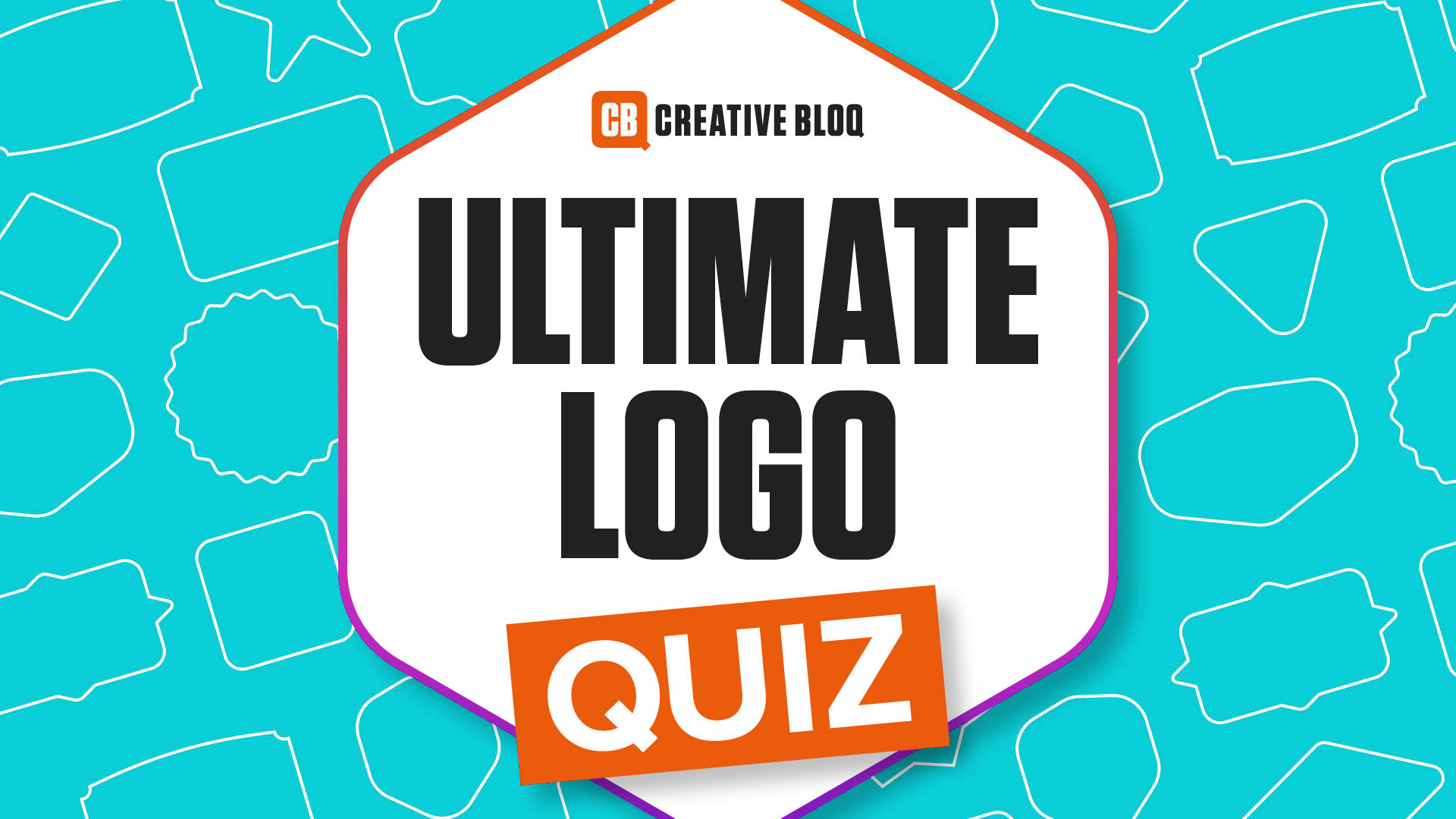 Ultimate logo quiz text with shapes surrounding it on a turquoise background