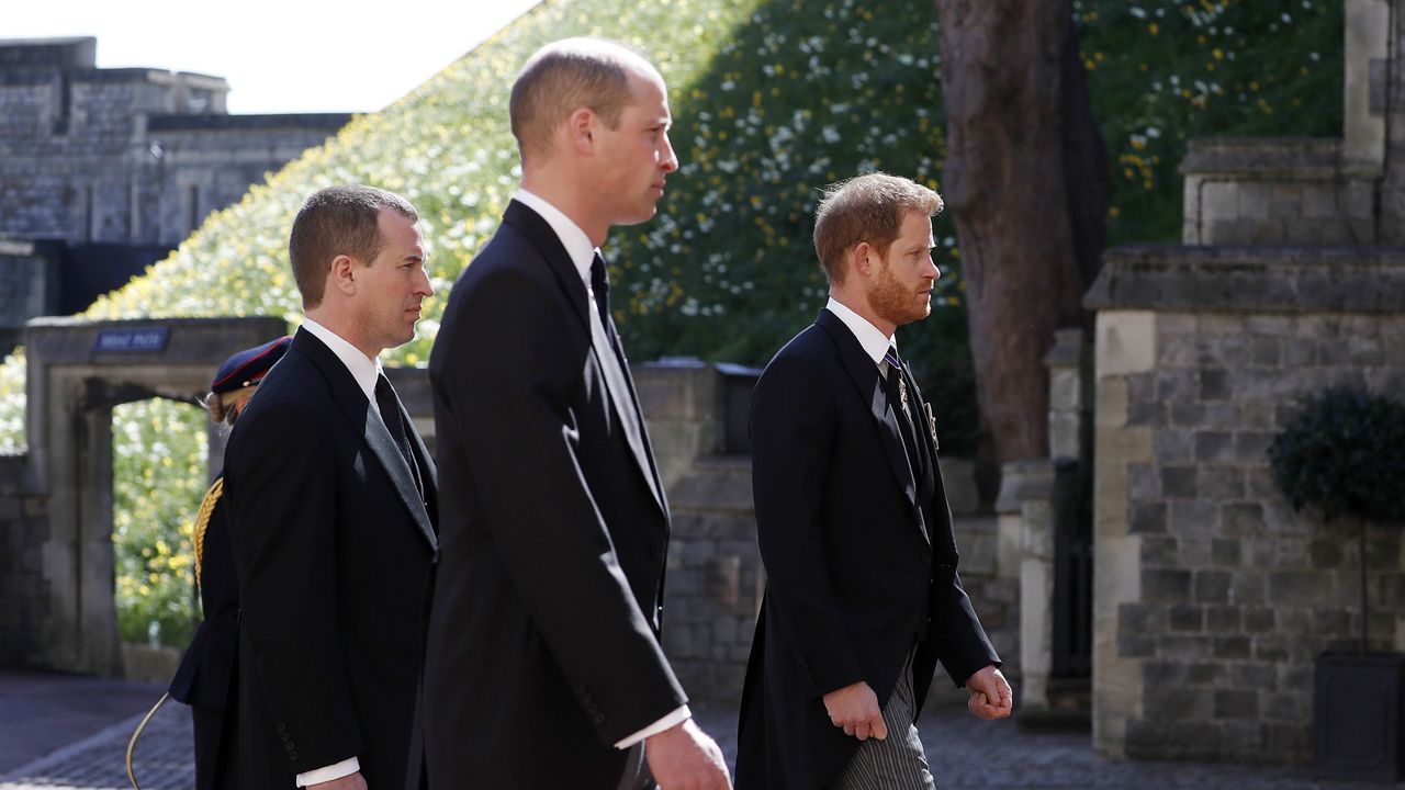 windsor, england april 17 peter phillips, prince william, duke of cambridge and prince harry, duke of sussex during the ceremonial procession during the funeral of prince philip, duke of edinburgh at windsor castle on april 17, 2021 in windsor, england prince philip of greece and denmark was born 10 june 1921, in greece he served in the british royal navy and fought in wwii he married the then princess elizabeth on 20 november 1947 and was created duke of edinburgh, earl of merioneth, and baron greenwich by king vi he served as prince consort to queen elizabeth ii until his death on april 9 2021, months short of his 100th birthday his funeral takes place today at windsor castle with only 30 guests invited due to coronavirus pandemic restrictions photo by alastair grantwpa poolgetty images