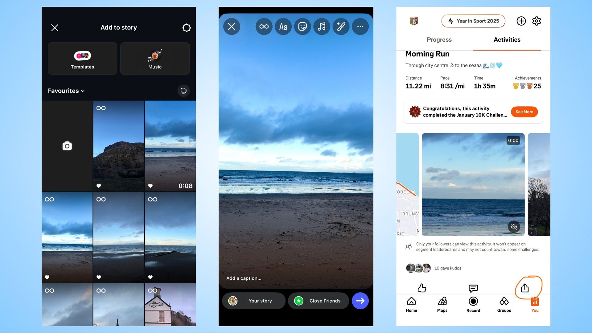 Three-panel image showing how to share Strava workouts on Instagram. The first panel shows selecting a photo for an Instagram story. The second panel shows the selected photo displayed as an Instagram story before posting. The third panel shows the Strava app activity screen with the share button highlighted.