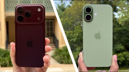 The iPhone 18 Pro in burgundy being held up alongside the iPhone 17 in green