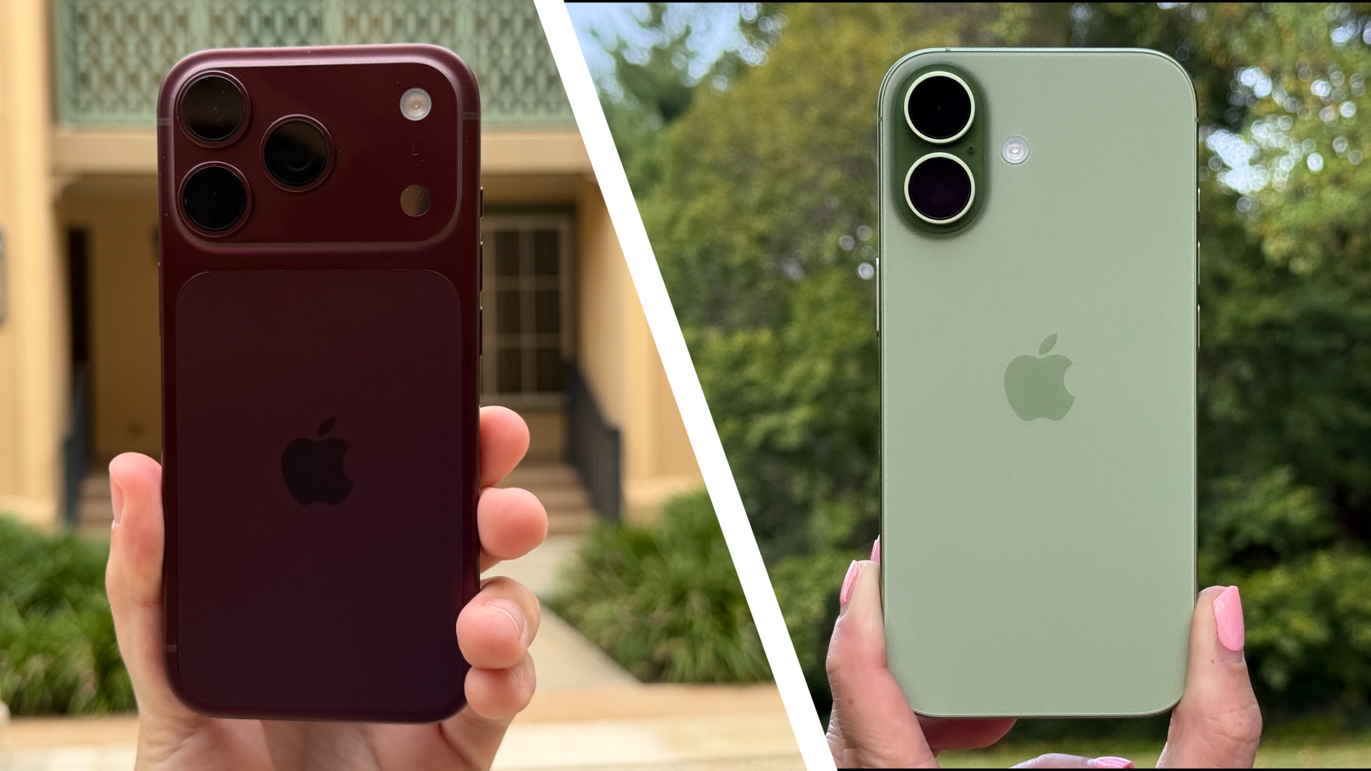 The iPhone 18 Pro in burgundy being held up alongside the iPhone 17 in green