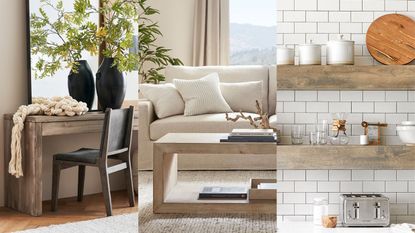 A three panel image of the Pottery Barn Fair Trade collection: a Pismo Reclaimed Wood Console Desk; a Folsom Rectangular Coffee Table; and Benchwright Floating Shelves