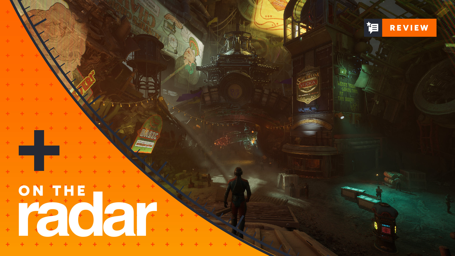 The player walks down into a settlement in The Outer Worlds 2, with the GamesRadar+ On The Radar frame