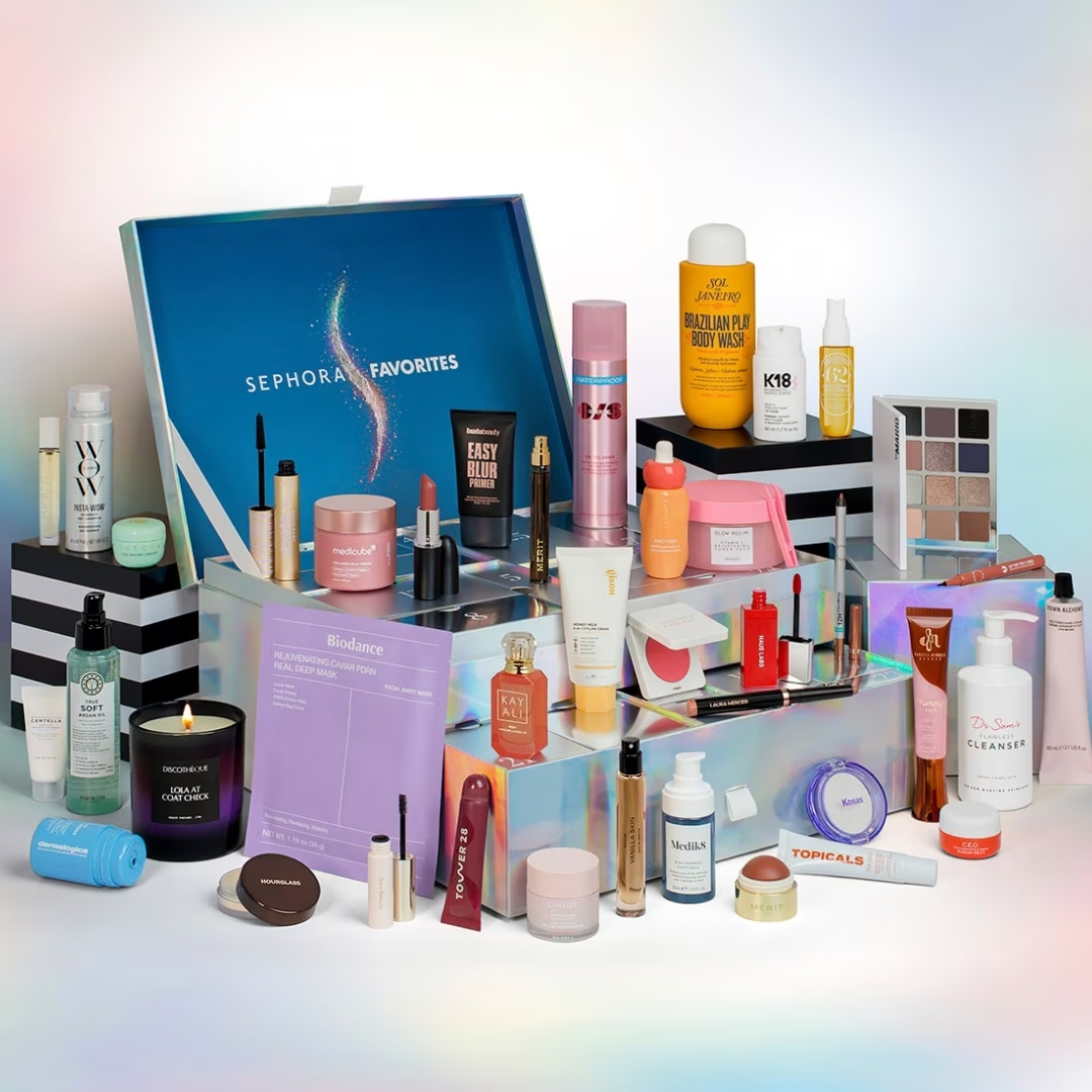 Sephora Favorites Advent Calendar with its contents in front of it
