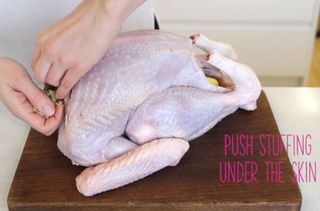 Person pushing the stuffing under the skin is one of the steps in how to cook a turkey