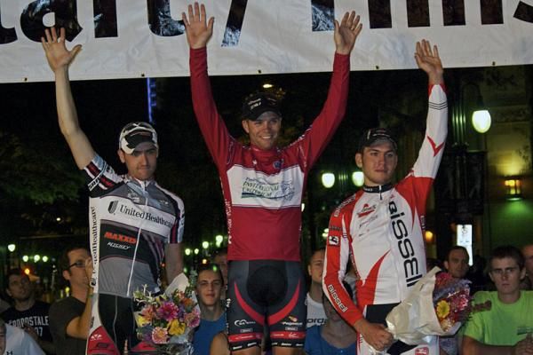 The men's podium (l-r): Jacob Keough (UnitedHealthcare pb Maxxis), Jonathan Cantwell (Fly V Australia), Patrick Bevin (Bissell Pro Cycling)