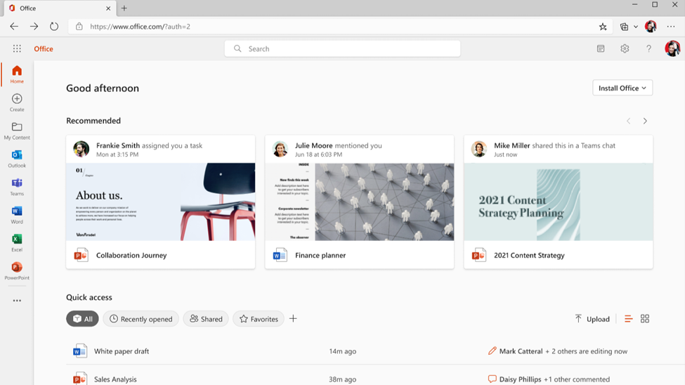 A screenshot of Microsoft&amp;#039;s redesigned Office.com homepage