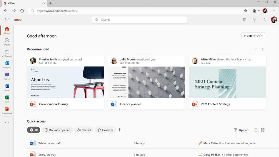 A screenshot of Microsoft's redesigned Office.com homepage