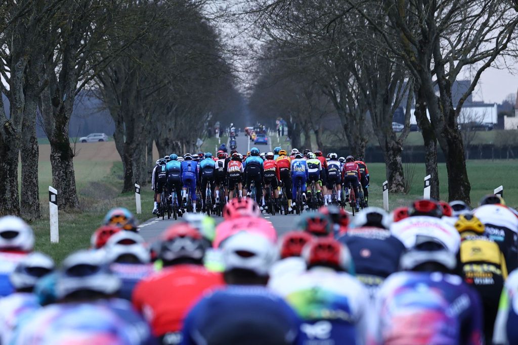 The pack of riders cycles during the 2nd stage of the 81st Paris Nice cycling race 164 km between Bazainville and Fontainebleau on March 6 2023 Photo by ANNECHRISTINE POUJOULAT AFP Photo by ANNECHRISTINE POUJOULATAFP via Getty Images