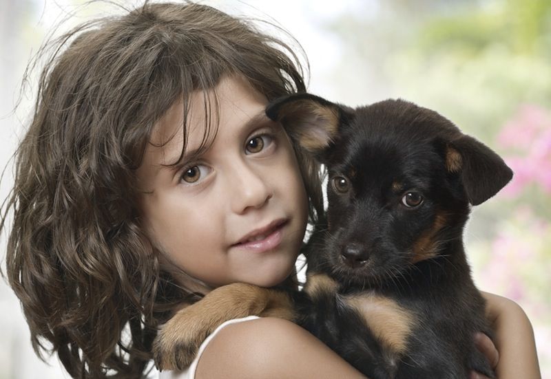 A little girl holds a puppy.