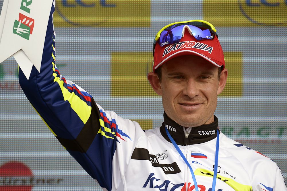 Alexander Kristoff celebrates on the podium.