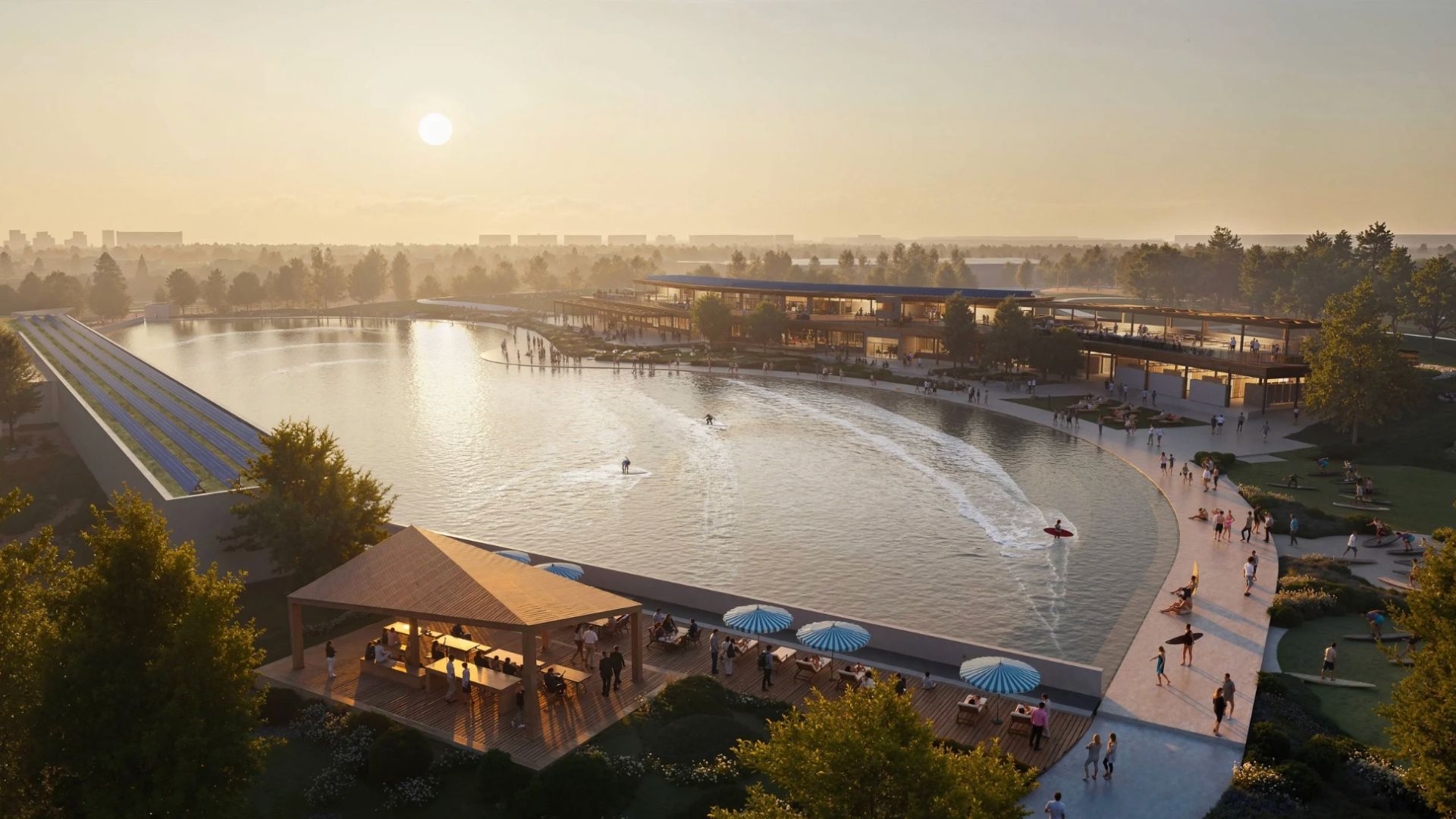 an image of the projected new site showing the lake and a board walk beside it
