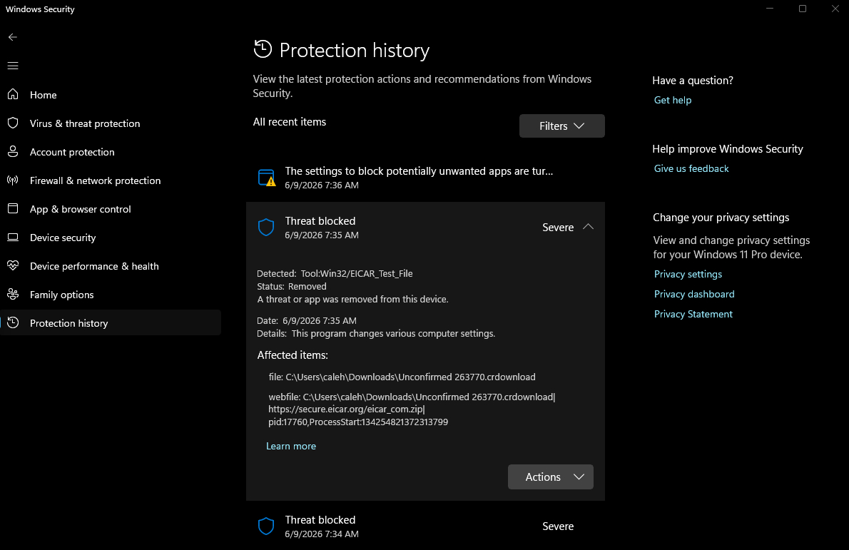 Windows Security interface showing Protection history with a blocked threat.