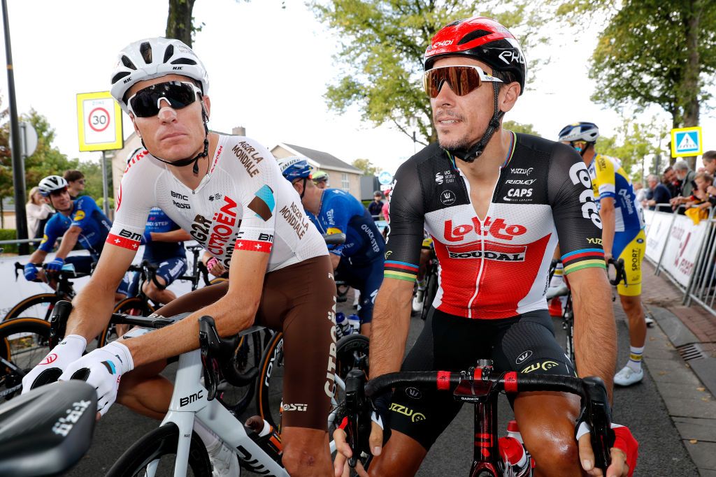 DOKKUM NETHERLANDS AUGUST 30 LR Michael Schr of Switzerland and AG2R Citren Team and Philippe Gilbert of Belgium and Team Lotto Soudal prepare for the race prior to the 17th Benelux Tour 2021 Stage 1 a 1696km stage from Surhuisterveen to Dokkum BeneluxTour on August 30 2021 in Dokkum Netherlands Photo by Bas CzerwinskiGetty Images