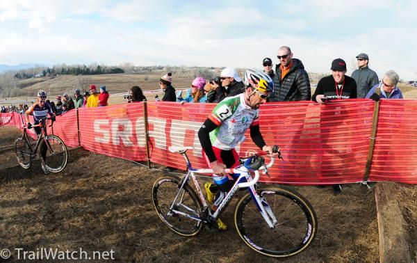 Tim Johnson (Cannondale/ Cyclocrossworld.com) being chased on the run-up by Trebon.