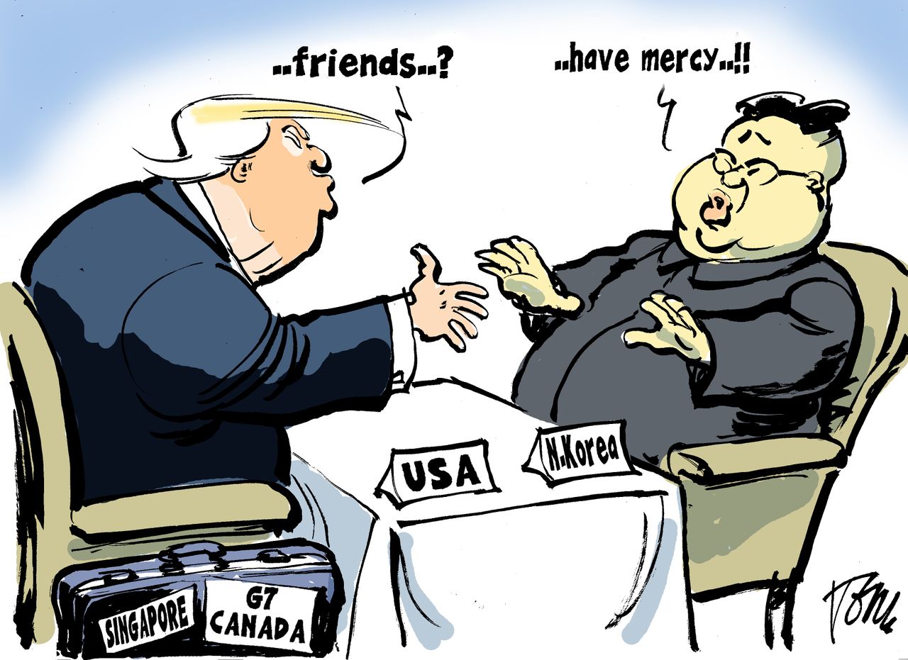 Political Cartoon U.S. Trump Kim Jong Un North Korea nuclear summit Singapore G7 Canada