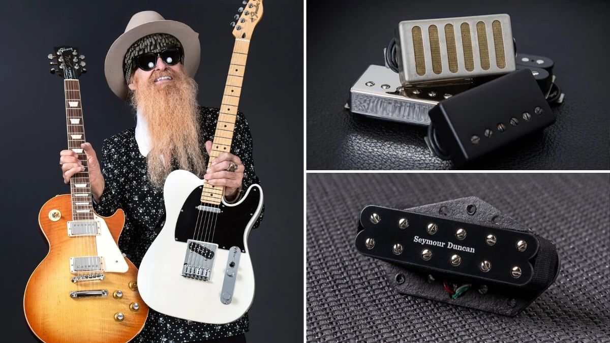 Billy Gibbons holds a Les Paul and Telecaster, his two sets of signature Seymour Duncan pickups