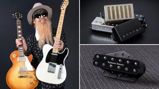 Billy Gibbons holds a Les Paul and Telecaster, his two sets of signature Seymour Duncan pickups