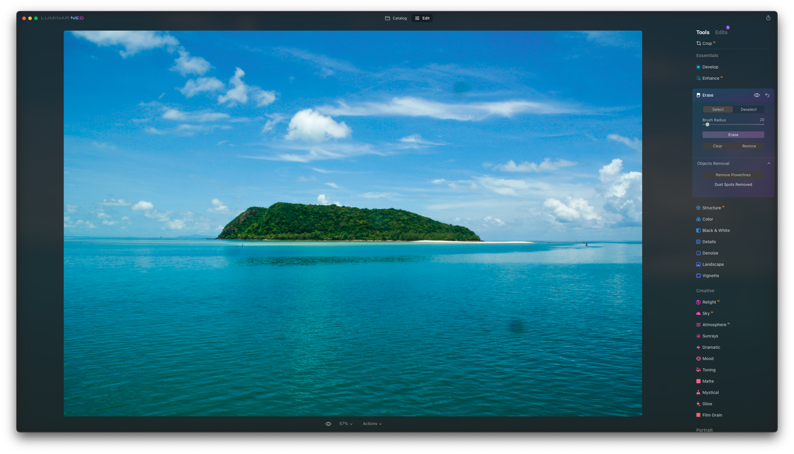 A photo of an island in the Luminar Neo photo editing software