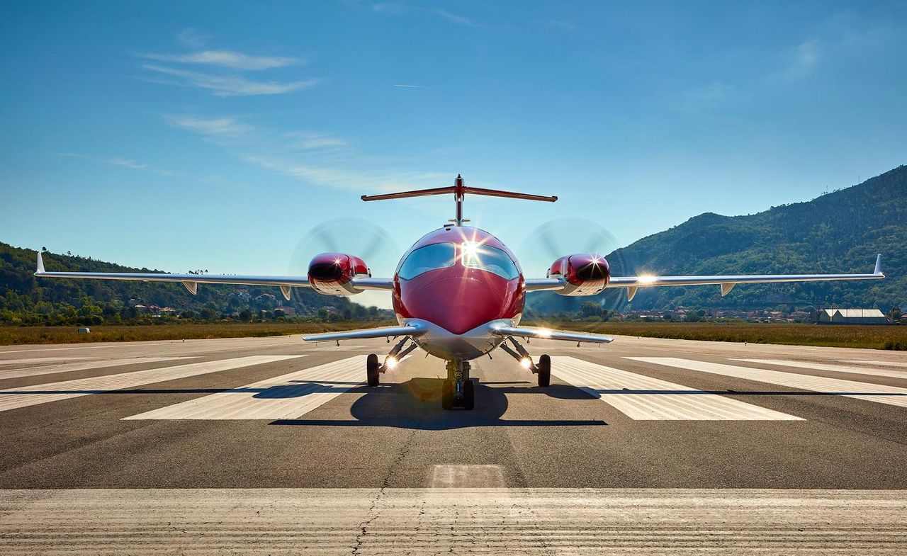 The propeller-powered Piaggio Avanti EVO takes off