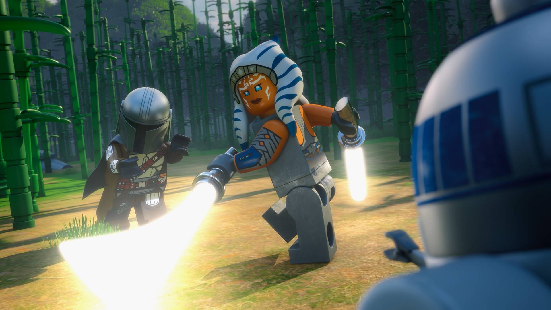 Ahsoka and Din Djarin in The Mandalorian Lego special