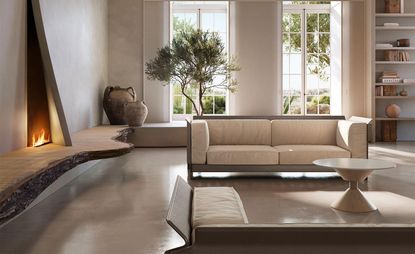 ‘Apulo’ sofa by Formafantasma in beige fabric and light ash brown wood. 