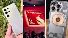 Three-image composite; A Samsung Galaxy S24 Ultra, Snapdragon 8 Elite graphic, and see-through iPhone 16 Pro