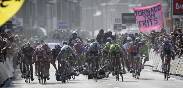 A crash behind the final sprint in Gent-Wevelgem
