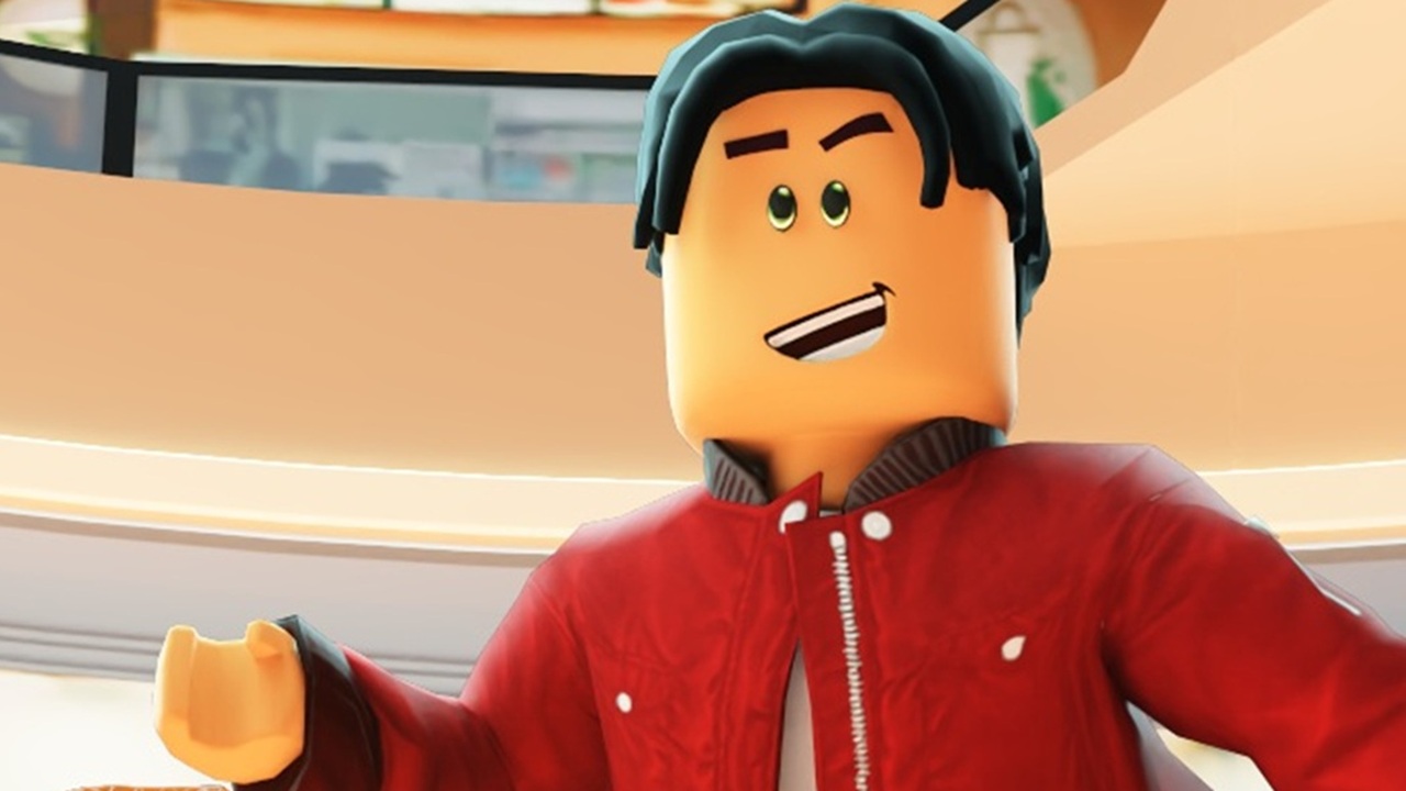 Roblox character with black hair, smile, red jacket looking up while holding out hand