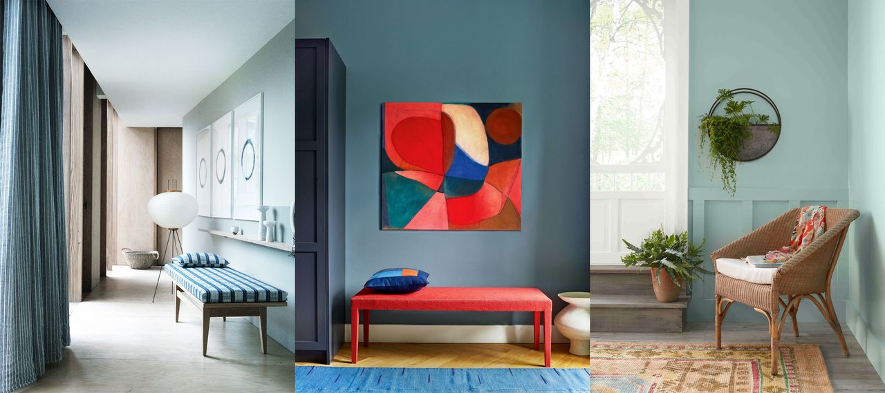 Three examples of blue hallway ideas. Serene, calming hallway space with Japanese influences. Blue hallway with feature red artwork and bright red bench. Painted hallway in light blue.