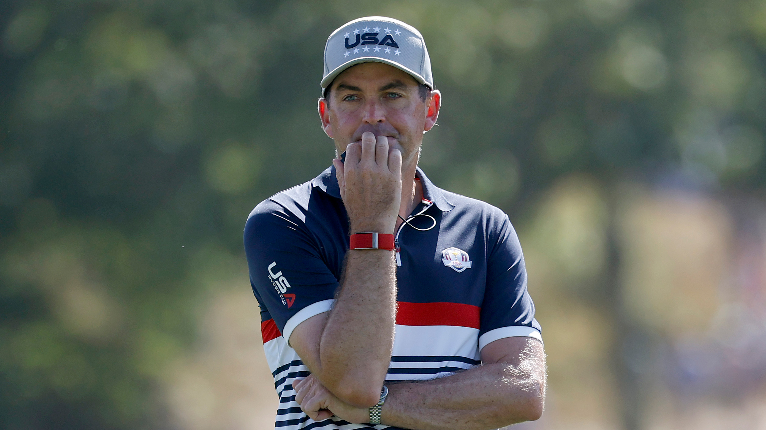 Keegan Bradley looks on during the opening day of the 2025 Ryder Cup