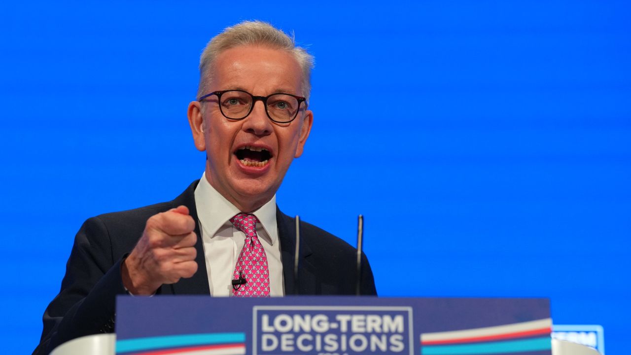 Britain&#039;s secretary of state for levelling up, housing and communities, Michael Gove, speaks on the third day of the Conservative Party conference