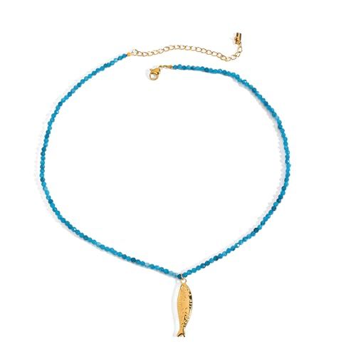 Murna Kare Boho Fish Necklace for Women - Blue Crystal Chain Sardine Pendant Necklaces, Bohemian Beach Jewelry | Waterproof Summer Jewelry for Swimwear & Vacation